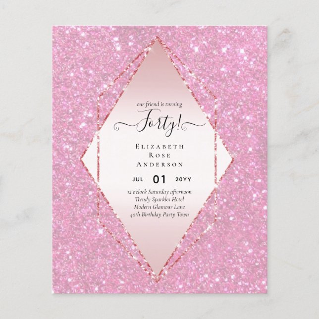 Budget 40 födelsedag Glitter Foil Rosa Girly Flygblad (Framsidan)