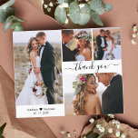 Budget 4 Photo Collage Bröllop Tack Script Flygblad<br><div class="desc">Budget, minimal Elegant Modern Script 4 Photo Collage Bröllop Tack personlig till ett överkomligt pris för lågbudgetflygare. Snyggt bröllop tackar dig för en papper mall med fyra (4) foto på framsidan och ett foto på baksidan. Med texten "Tack" i ett snabbt, bokstaverat typsnitt med text i skrivstil med svart på...</div>