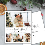 Budget 4 Photo Collage Heart-skript julkort<br><div class="desc">Budgeterad Elegant Modern Black and White Heart Script 4 Photo Collage God jul Script Helgdag Thin Card. Obs! Lägre än vykort! Den här festliga, minsta fyra (4) fotokortmallen har en söt fotokollage, ett litet Dodle-hjärta och säger God jul! Texten "God jul" hälsning är skriven i ett vackert, handskrivet typsnitt, svan...</div>