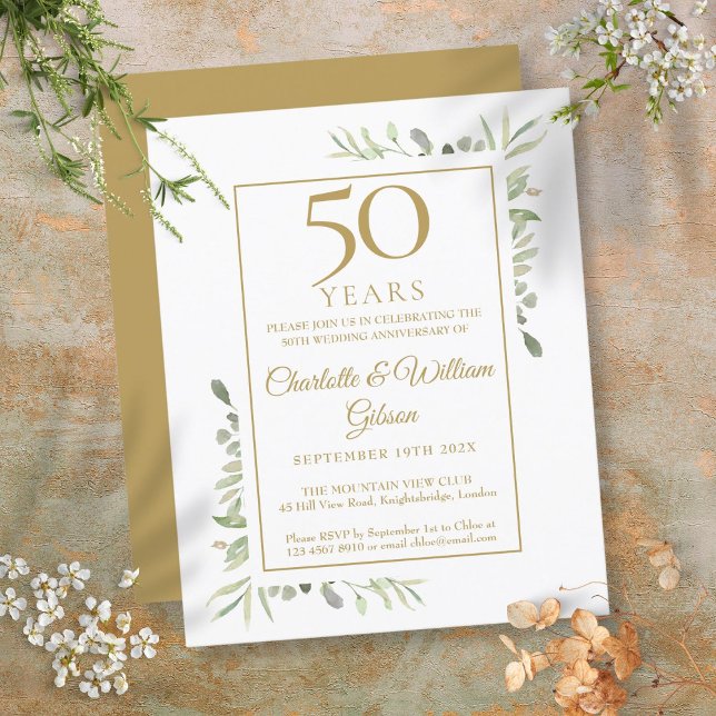 Budget 50-års Golden Anniversary Grön Invitation (Budget 50th Golden Anniversary Greenery Invitation)