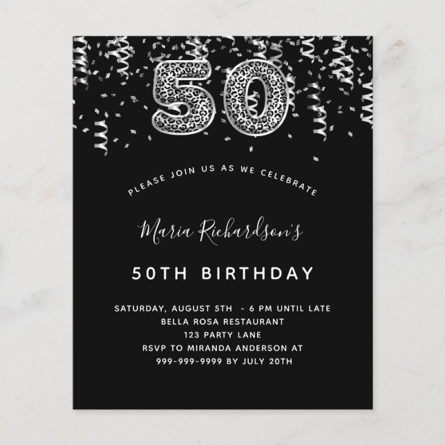 Budget 50-årsdag svart silver leopard party (Framsida)