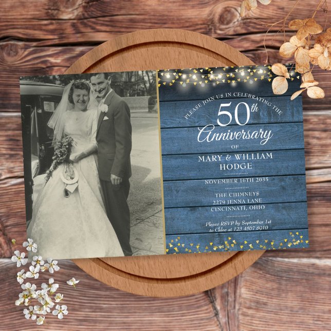 Budget 50-årsjubileum Blue Rustic Photo Inbjudan (Skapare uppladdad)