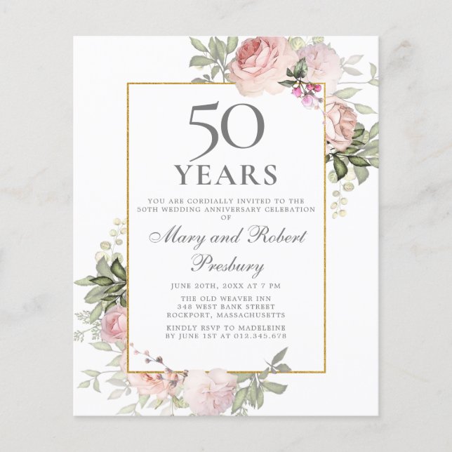 Budget 50-årsjubileum Rosa Blommig Inbjudan (Framsida)