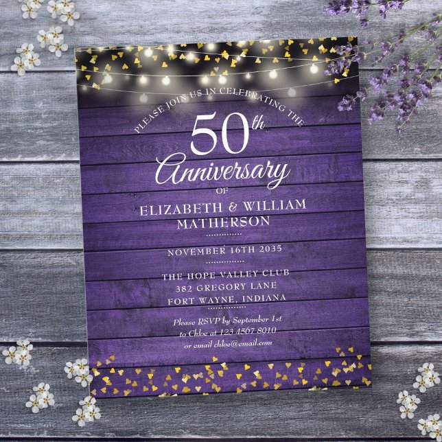 Budget 50-årsjubileum Rustic Guld Hearts Inbjudan (Budget 50th Anniversary Rustic Gold Hearts Invite)