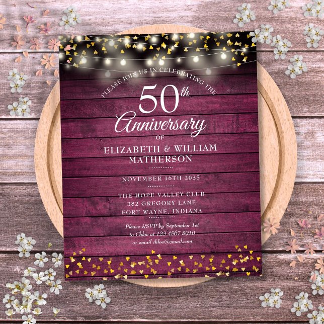 Budget 50-årsjubileum Rustik guldhjärtainbjudan (Budget 50th Anniversary Rustic Gold Hearts Invite)
