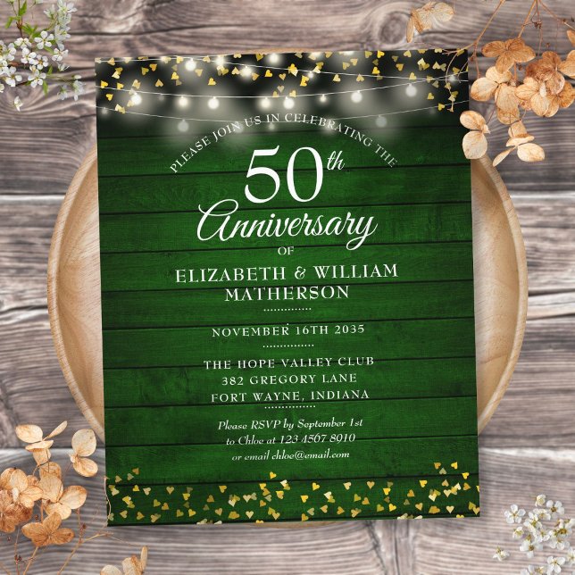 Budget 50-årsjubileum Trähjärta Guld Inbjudan (Budget 50th Anniversary Wood Gold Hearts Invite)