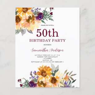 Budget 50:e födelsedagsinbjudan av solrosblommor flygblad