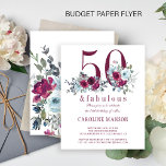 Budget 50 och fantastiska blommigtar födelsedag flygblad<br><div class="desc">Elegant feminin 50 och fantastisk 50-årsdag BUDGET bjuder till ett överkomligt pris på FLYER med vattenfärgad burgundi och ljusdammig blå peony ro bouquets och ett modernt typografiskt skript för trendig. Enkel att anpassa med dina uppgifter! LÄS DETTA INNAN DU KÖPER! Det här är ett budgetöverkomligt kort som är tryckt på...</div>