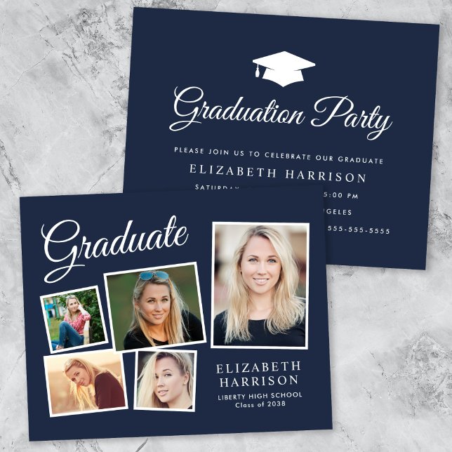 Budget 5 Photo Blue Studentfest-inbjudan (A personalized photo graduation party invitation to celebrate the graduate's achievements)