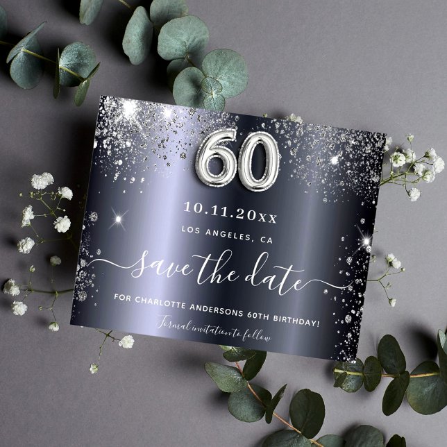 Budget 60-årsfirande silver glitter save the date (Skapare uppladdad)