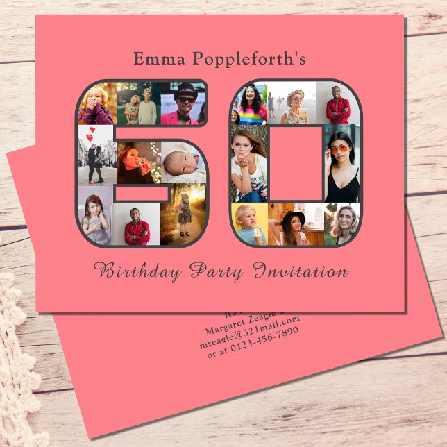 Budget 60:e födelsedag - 60 foto-Rosa Flygblad (Budget blush pink 60th birthday invitation. Personalized photo template collage.)