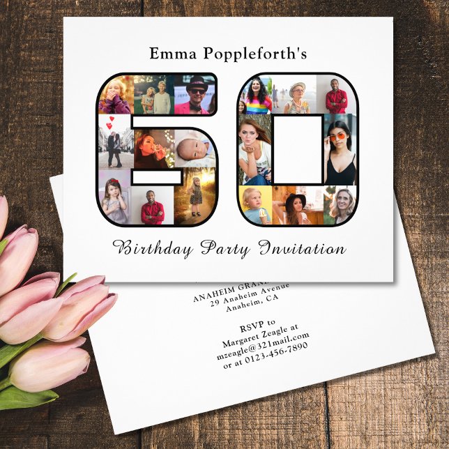 Budget 60:e födelsedagsinbjudan 60 fotovit flygblad (60th birthday party invitation with personalized photo collage template.)
