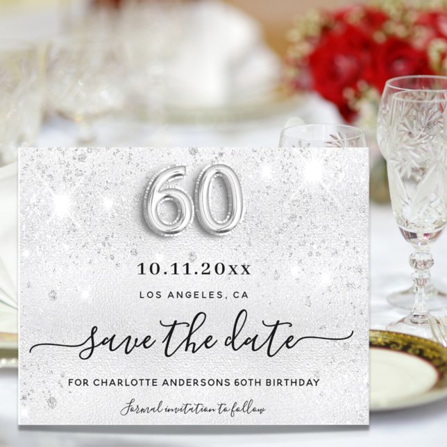 Budget 60th birthday silver glitter save the date (Skapare uppladdad)