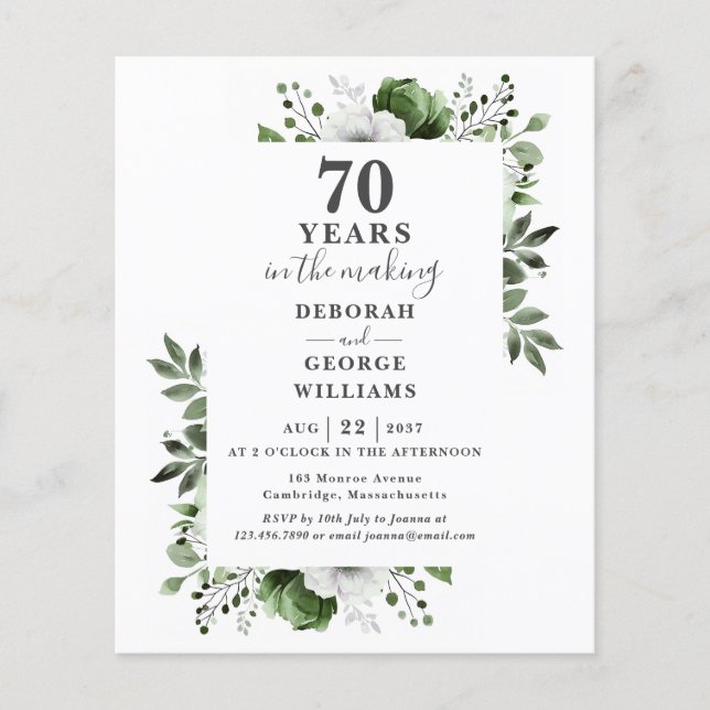 Budget 70-års jubileum för bröllop Blommig inbjuda (Framsida)