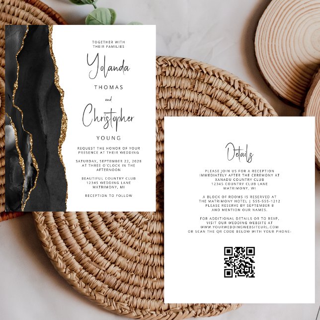 Budget Agate Black Guld QR Code Wedding bjudande (Skapare uppladdad)