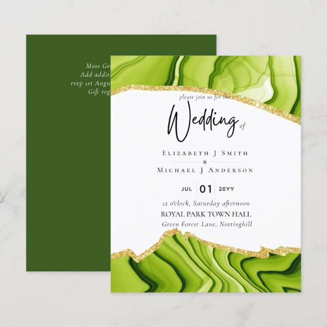 BUDGET AGATE guld Glitter Bröllopsinbjudans BUDGET (Fram/baksida)