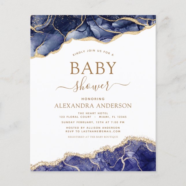 Budget Agate Navy Blue Guld Baby Shower Flygblad (Framsidan)