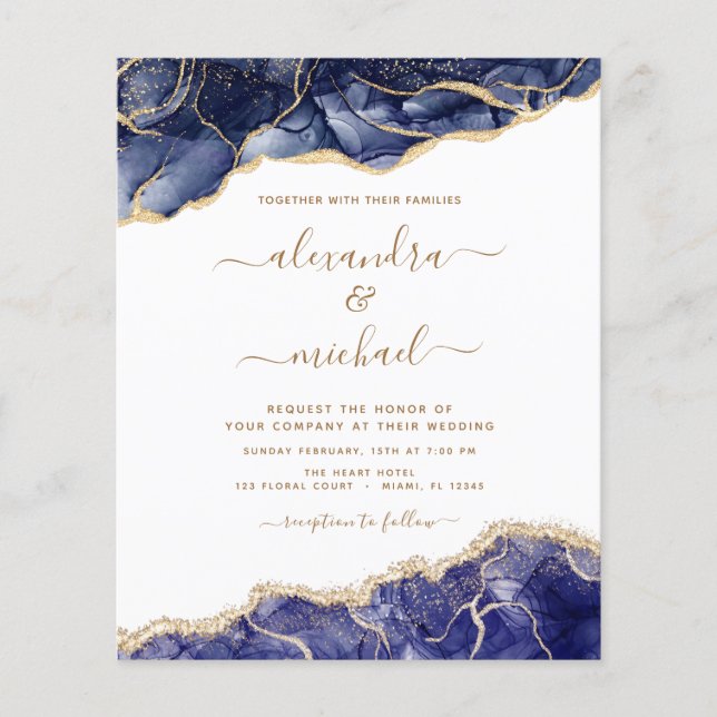 Budget Agate Navy Blue Guld Blue Bröllop Flygblad (Framsidan)