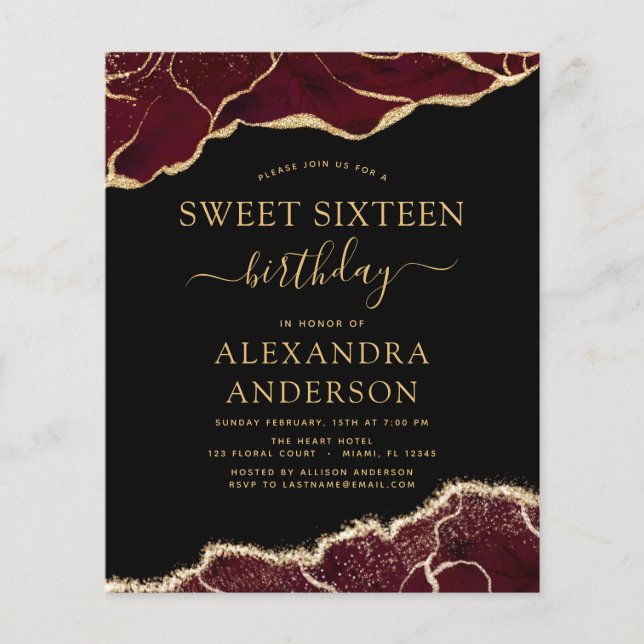 Budget Agate Sweet 16 Birthday Burgundy Guld Flygblad (Framsidan)