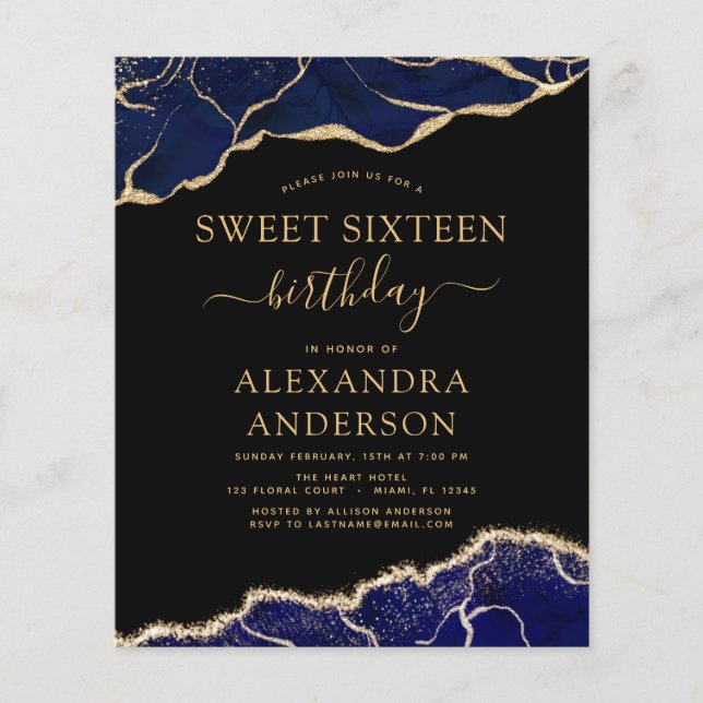Budget Agate Sweet 16 Navy Blue Guld Flygblad (Framsidan)