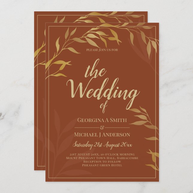 Budget All-in-1 Rustic Terracotta GULD Bröllop Inbjudningar (Fram/baksida)