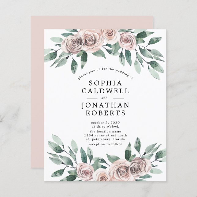 Budget All in One Bohemian Roser Bröllopsinbjudan (Fram/baksida)