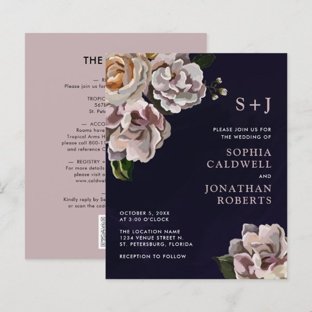 Budget All in One Moody Blommig Bröllopsinbjudan (Fram/baksida)