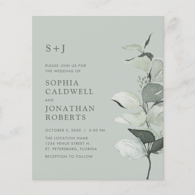 Budget All in One Sage Eucalyptus Bröllopsinbjudan (Framsida)