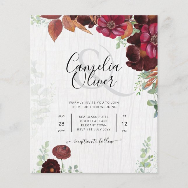 BUDGET - allt-i1 Rustic Fall Maroon Burgundy Bröll Flygblad (Framsidan)