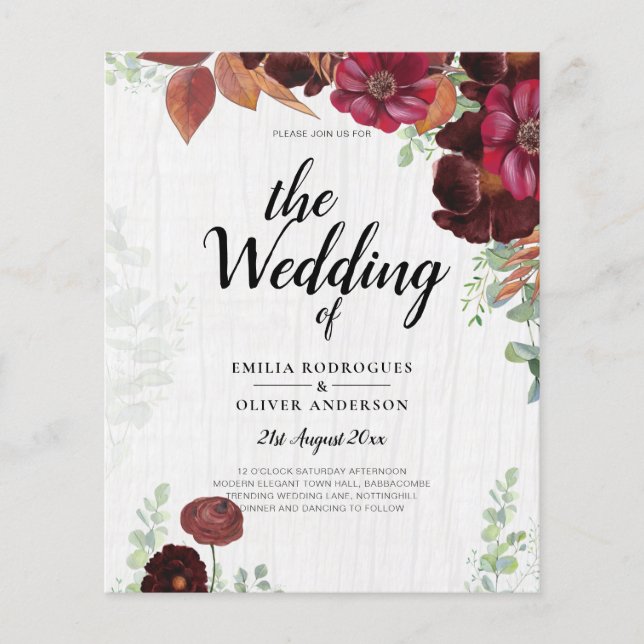 BUDGET - allt-i1 Rustic Fall Maroon Burgundy Bröll Flygblad (Framsidan)