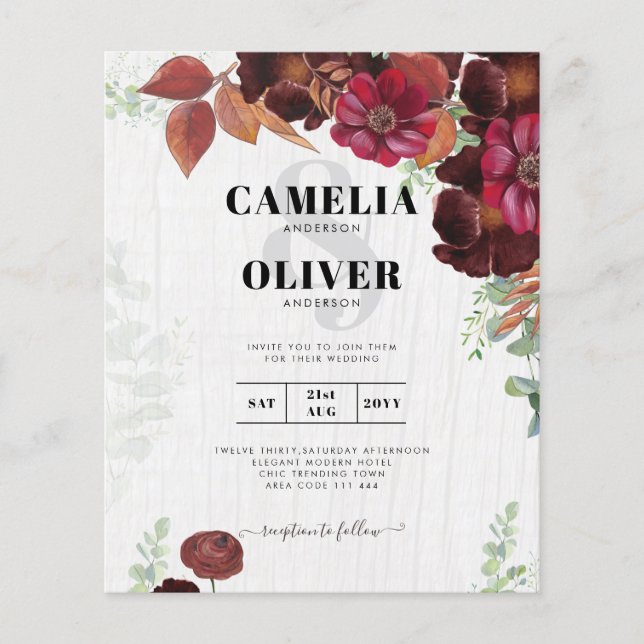 BUDGET - allt-i1 Rustic Fall Maroon Burgundy Bröll Flygblad (Framsidan)