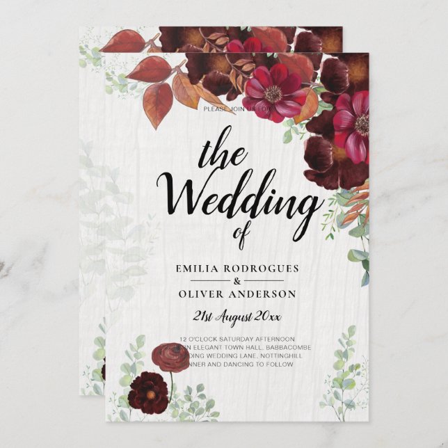 BUDGET - allt-i1 Rustic Fall Maroon Burgundy Bröll Inbjudningar (Fram/baksida)