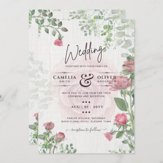 Budget Allt-i-1 Dusty Rosa ros Blommigt Bröllop Inbjudningar (Fram/baksida)