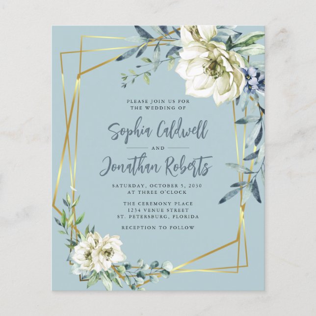 Budget allt i en Dusty Blue Blommigt bröllopsinbju (Framsida)