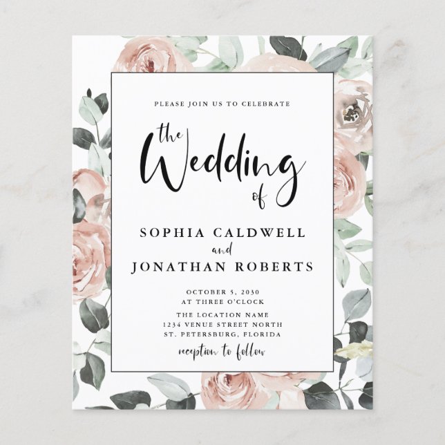 Budget allt i en kallgrafi av Ro bröllopsinbjudan (Framsida)