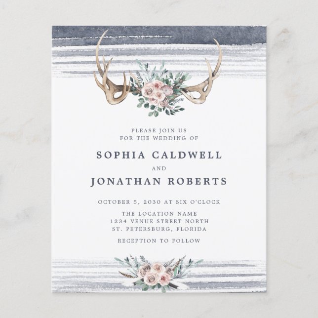 Budget allt i en Ro och Antlers bröllopsinbjudan (Framsida)