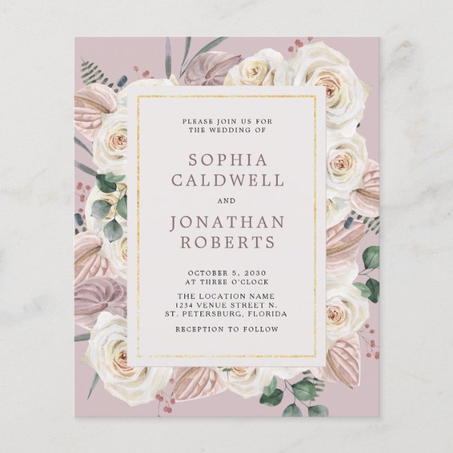 Budget allt i en Vit ros-bröllopsinbjudan (Framsida)