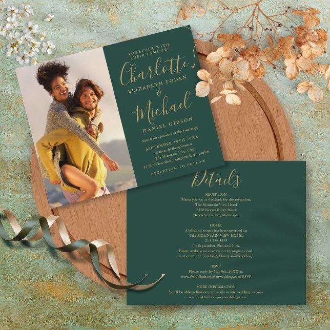 Budget Allt-i-ett Foto Grön Guld Bröllopsinbjudan (Budget All In One Photo Green Gold Wedding Invite)
