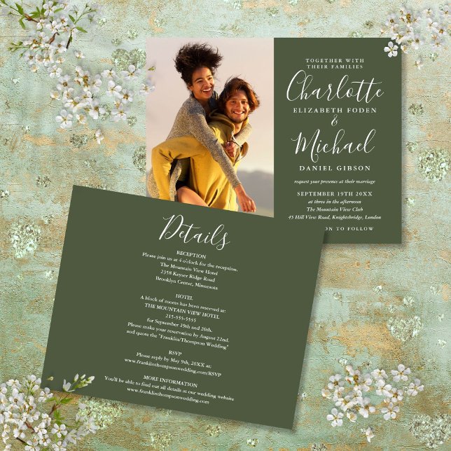 Budget Allt-i-ett Foto Olivgrön Bröllopsinbjudan (Budget All In One Photo Olive Green Wedding Invite)