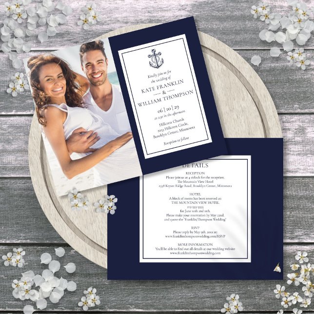 Budget Allt-i-ett Nautisk Foto Bröllopsinbjudan (Budget All In One Nautical Photo Wedding Invite)