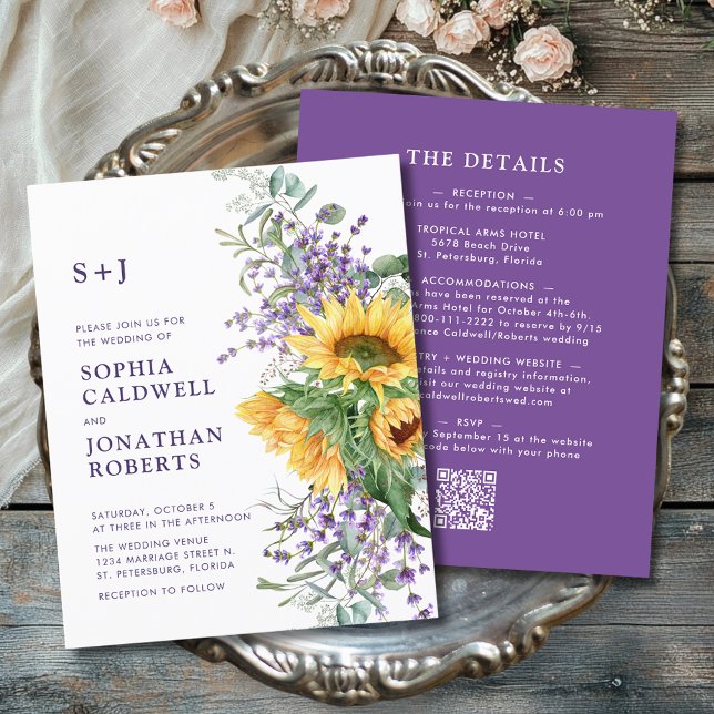 Budget allt i ett solroslavender Bröllop (Budget All in One Sunflower and Lavender Monogram Wedding Invitation)