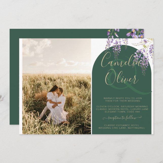 Budget allt-in1 PHOTO Bröllop Wisteria QR-kod INV Inbjudningar (Fram/baksida)