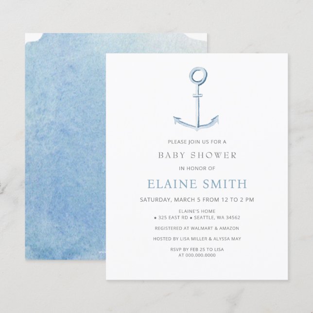 Budget Anchor Nautical Blue Baby Shower-inbjudan (Fram/baksida)