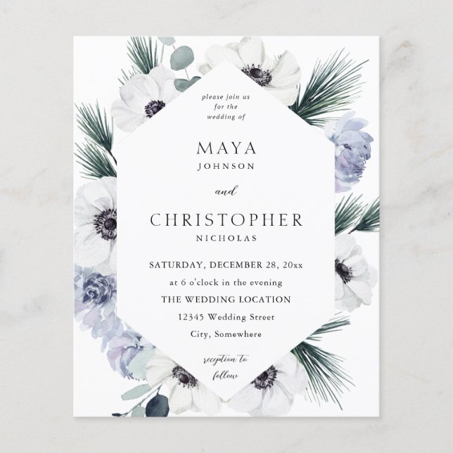 Budget Anemone Winter White Blommigt Bröllop Flygblad (Framsidan)