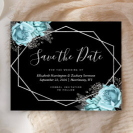 Budget Aqua Floral Black Wedding Save the Date