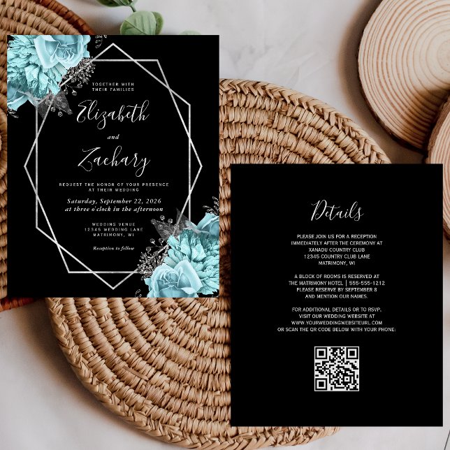 Budget Aqua Silver Floral Black QR Code Wedding (Skapare uppladdad)