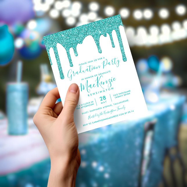 BUDGET Aqua Teal Glitter Drives Studentfest (BUDGET Aqua Teal Glitter Drips Graduation Party Invitation)