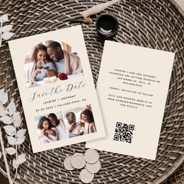Budget Arch 3-Photo Beige QR-kod Save the Date (Skapare uppladdad)