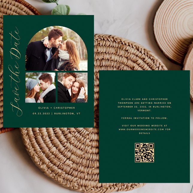 Budget Arch 3-Photo Grön QR-kod Save the Date (Skapare uppladdad)