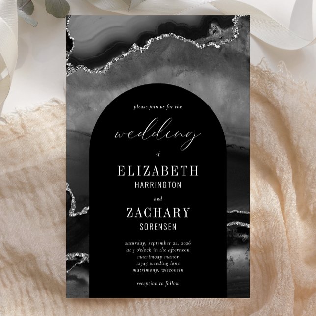 Budget Arch Black Silver Agate bröllopsinbjudan (Skapare uppladdad)